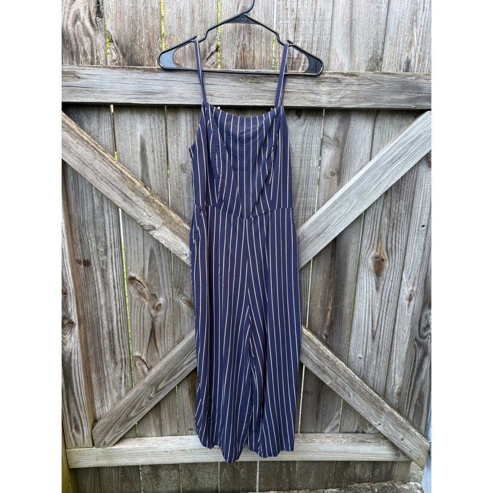 Old Navy Womens Navy Blue White Striped Smocked Wide Leg Jumpsuit Medium